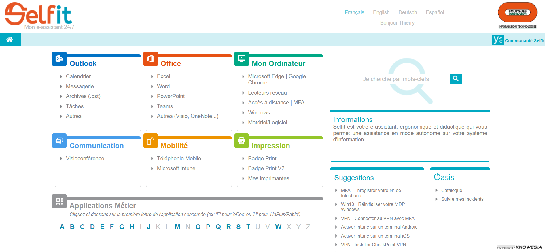 Ecran principal de Selfit avec les catégories et Applications Métier